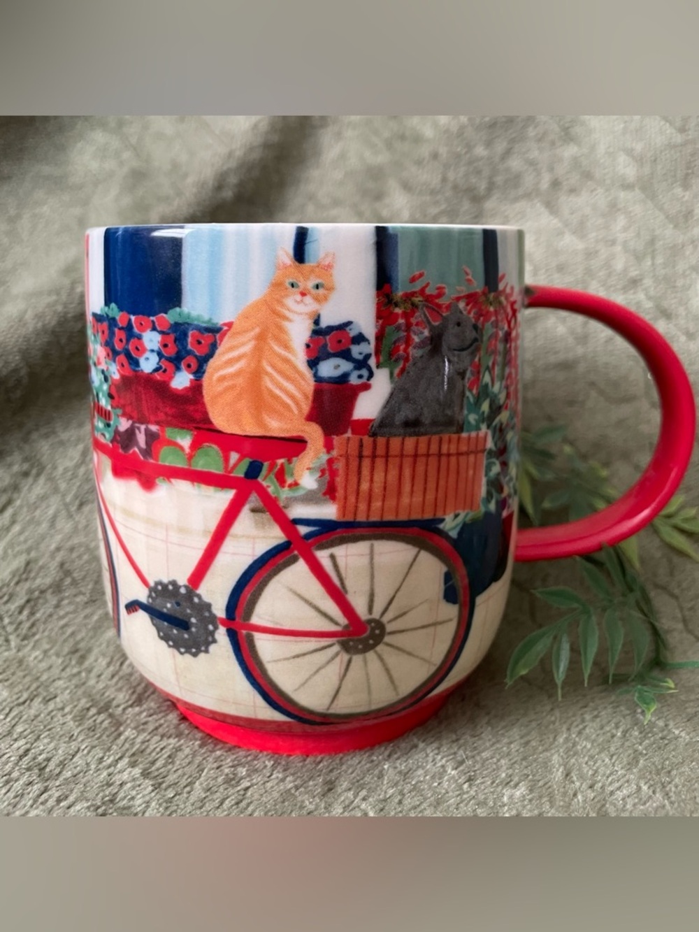 Anthropologie Cat / Dog / Bicycle Ceramic Mug with Red Handle